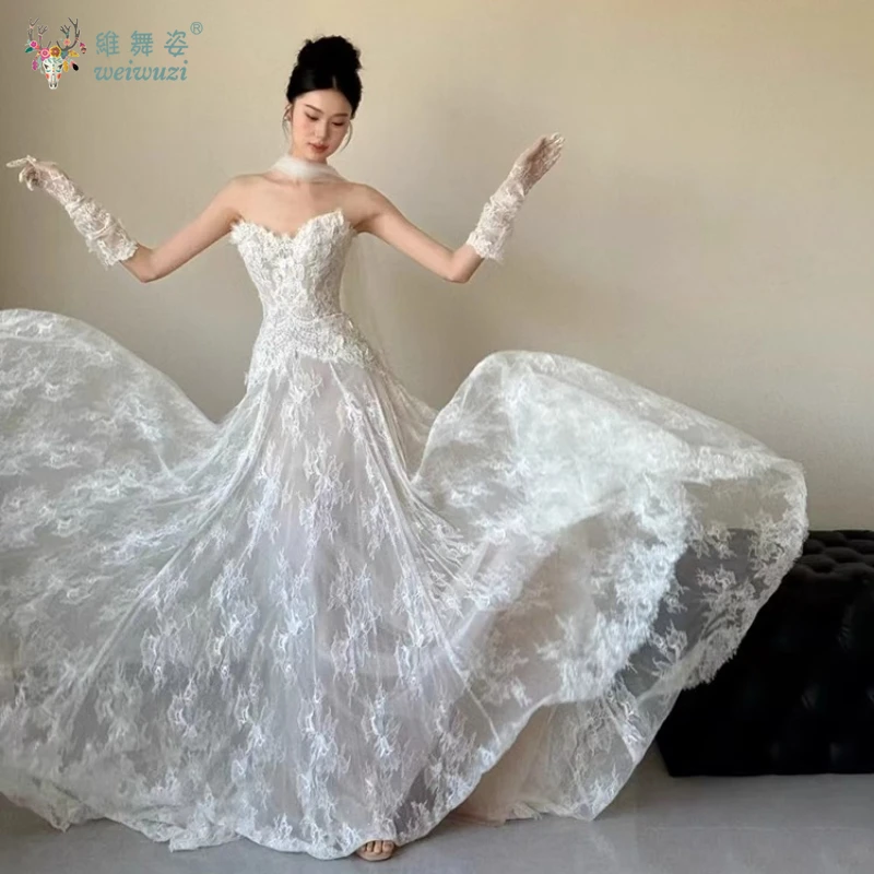 

French Lace Strapless and Floor Light Wedding Dress Paired with Scarf Lace Gloves for Bride's Engagement and Wedding Dress