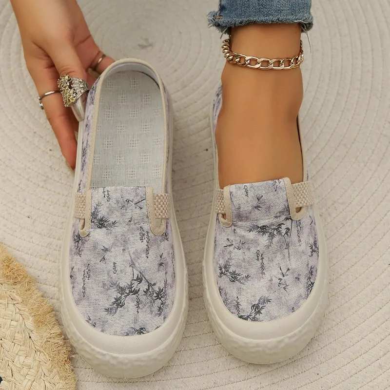 2024 Spring Autumn Solid Color Elegant Shallow Mouth Breathable Canvas Flat Shoes New Round Toe Comfortable Casual Women's Shoes