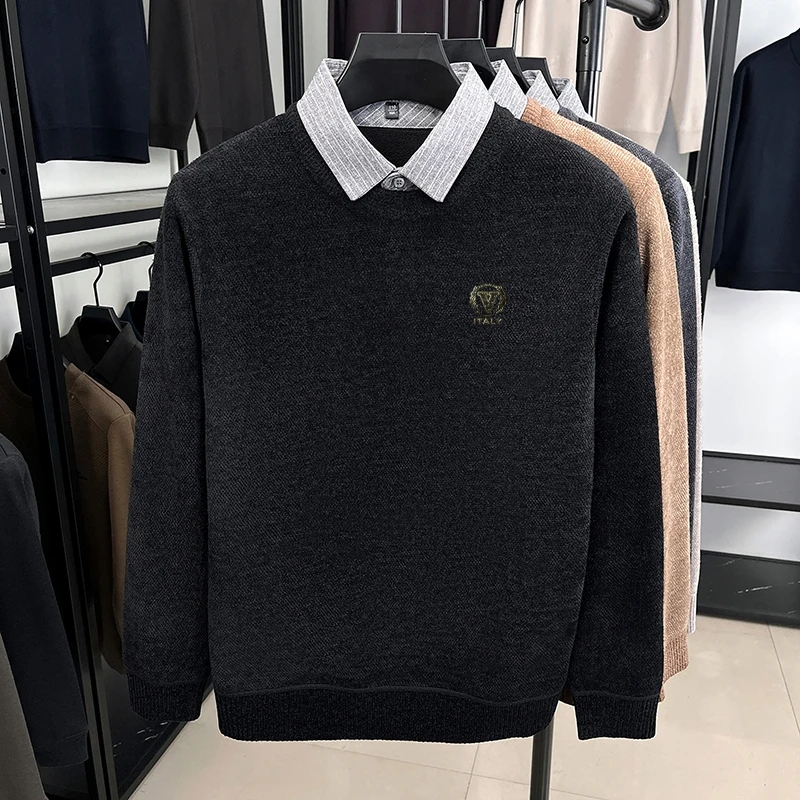 Vendite calde Maglione lavorato a maglia da uomo di alta qualità Colletto della camicia Stampa a V Pullover addensato Moda business britannica Abbigliamento invernale caldo da uomo