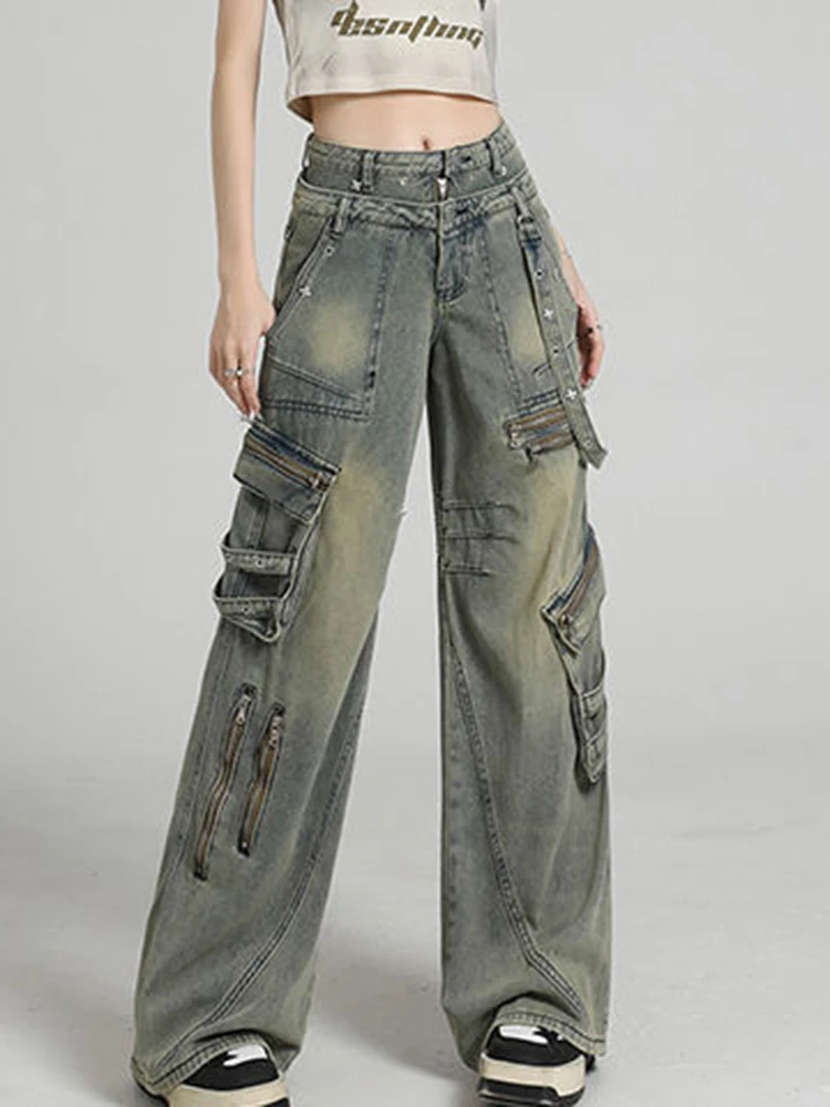 

Американский стиль, тяжелый дизайн, джинсовые брюки-карго с несколькими карманами, осень-зима, свободные джинсы длиной до пола в стиле ретро для девочек