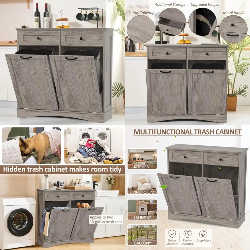 

Двойной наклонный шкаф для мусорного бака, отдельно стоящий кухонный шкаф для хранения мусора и переработки емкостью 2x13 галлонов со скрытыми функциями