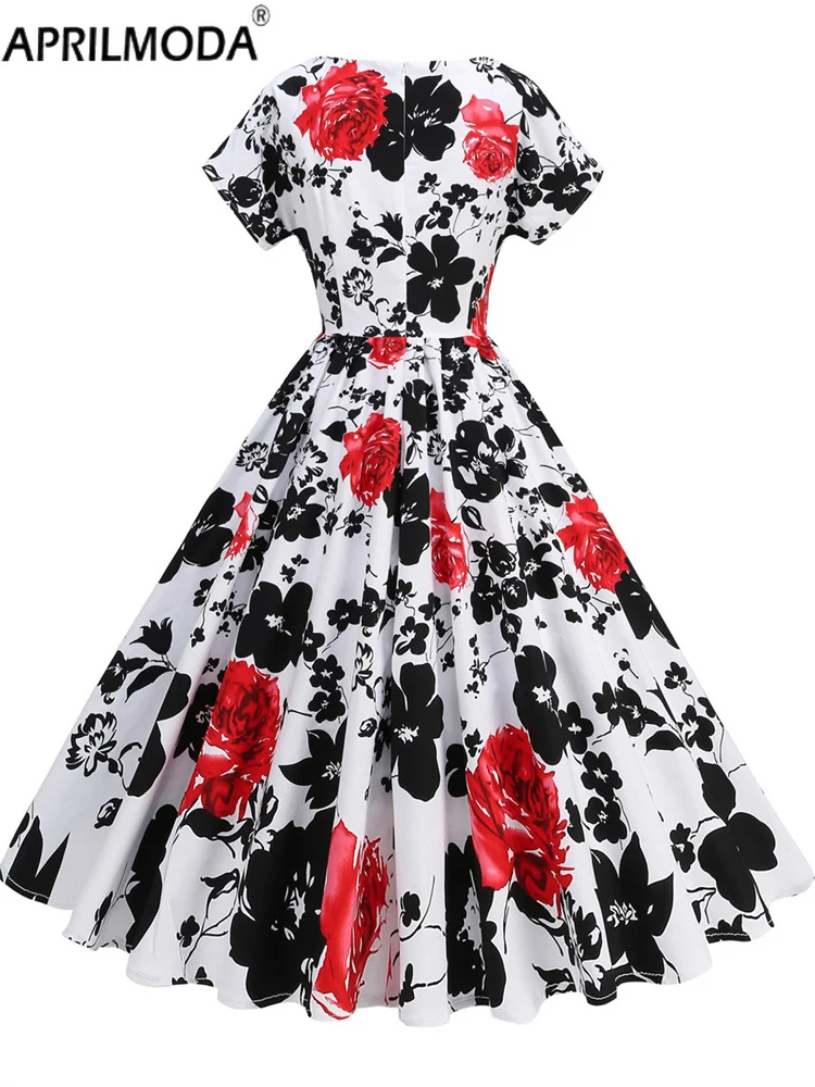 50er Jahre Blumendruck Vintage Sommer Freizeitkleid mit Gürtel Elegant Kurzarm Urlaub Strand Midi Lange Runway Kleider Abendkleider