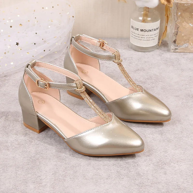 Pointed Toe Gold Shoes Kids Girls Heels Party T-strap Golden Princess Girl Shoes Wedding Heeled Dancing Shoes for Girls Gold New