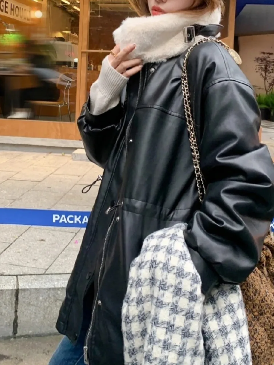 冬の新作 Dstring ウエストシェイプ ミドル丈 ティーンエイジ風 レザー風ジャケット レディース 香港風 スレ レトロ アウター