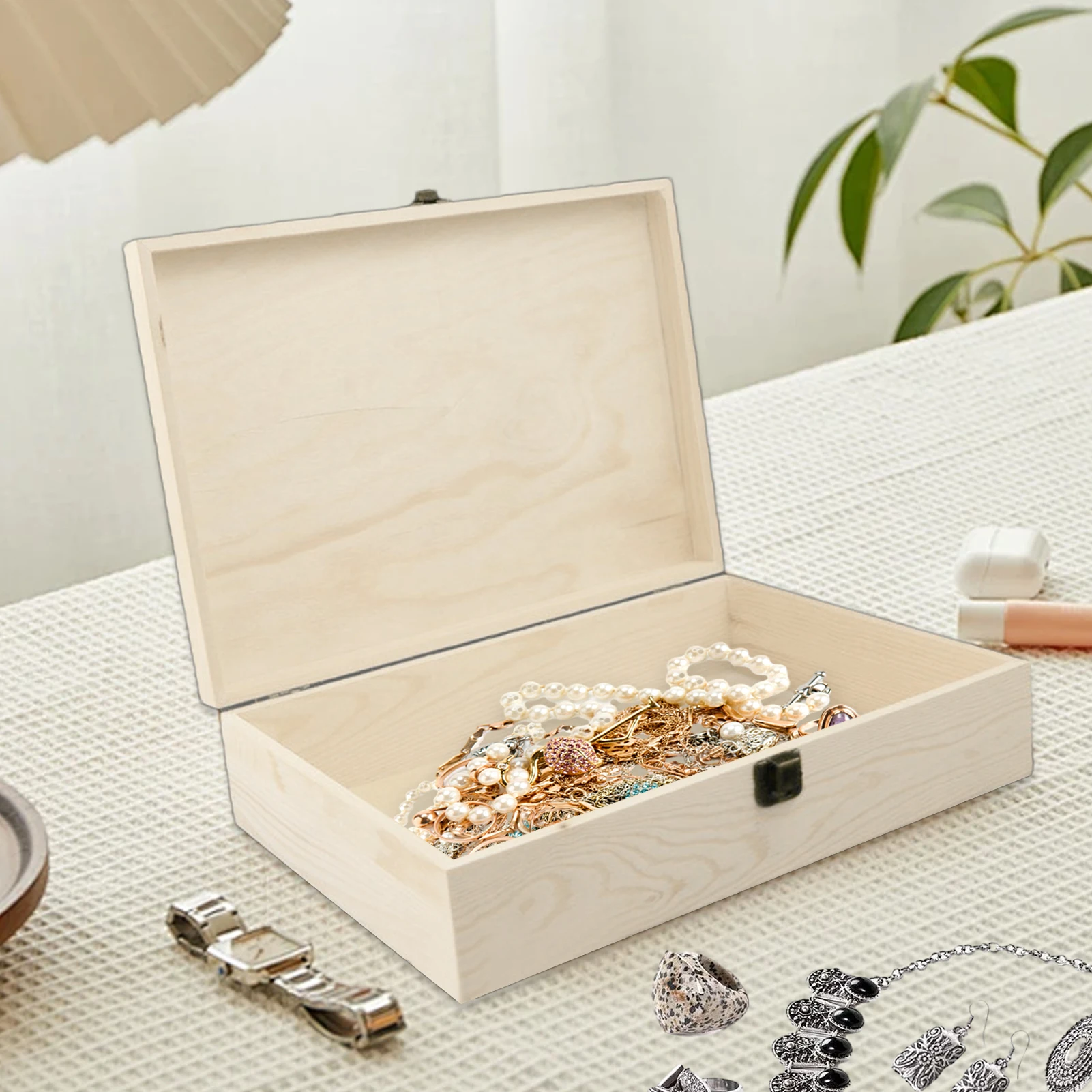 Wooden Box With Hinged Lid Dust-Proof Unfinished Treasure Boxes Moderate Capacity Plain Wooden Jewelry Box Unpainted Keepsake