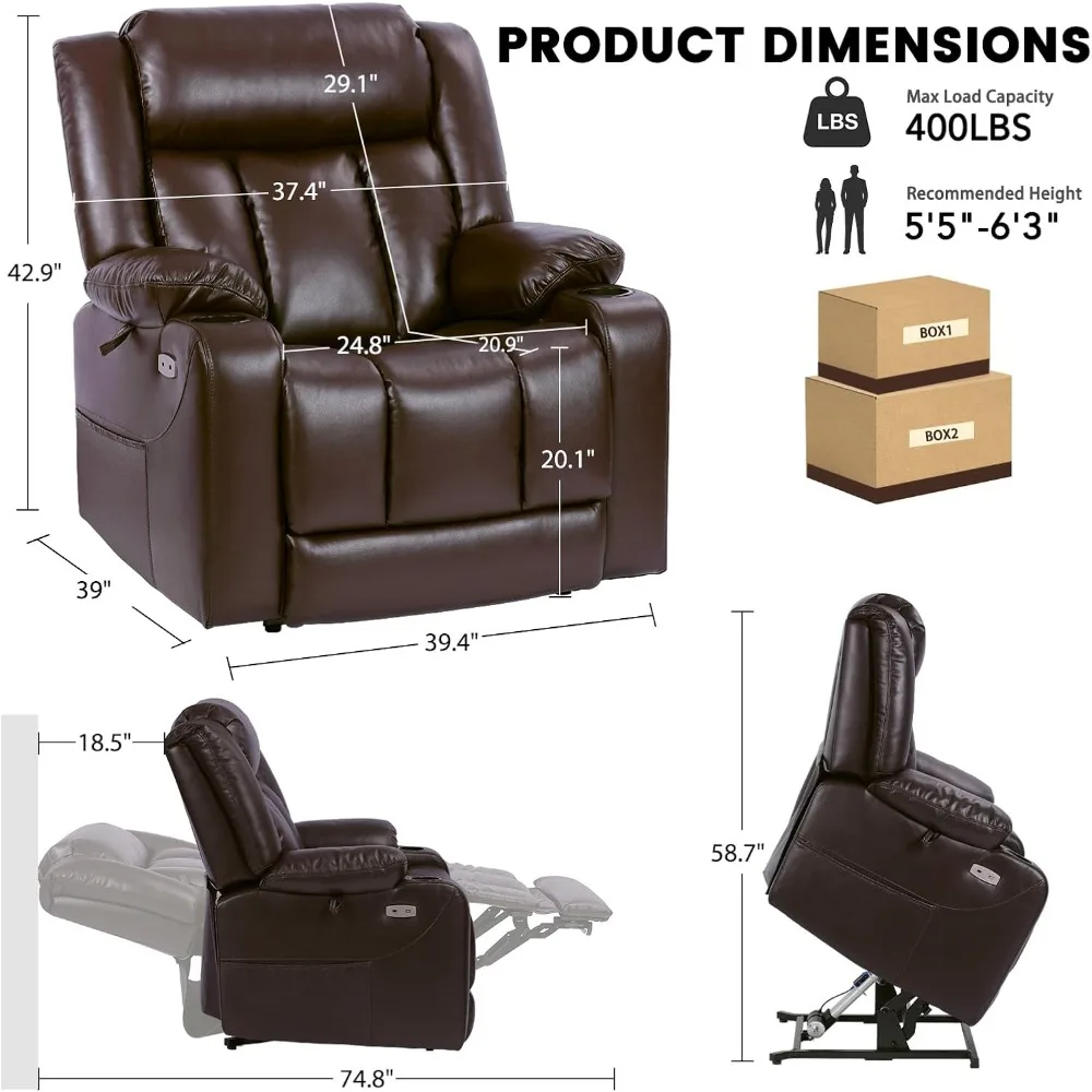 كرسي كرسي رفع كهربائي كبير الحجم بمحرك مزدوج لكبار السن، كرسي من الجلد الصناعي عالي التحمل بوزن 400 رطل مع تدليك وحرارة، #2