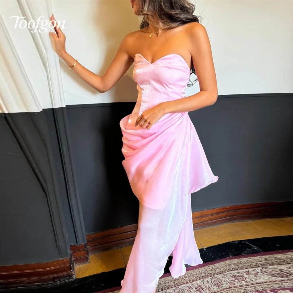 Toofgon Customized Baby Pink Organza Long Prom Dresses For Women Sweetheart Slit Pleated Evening Dress Sheath Formal Party Gown