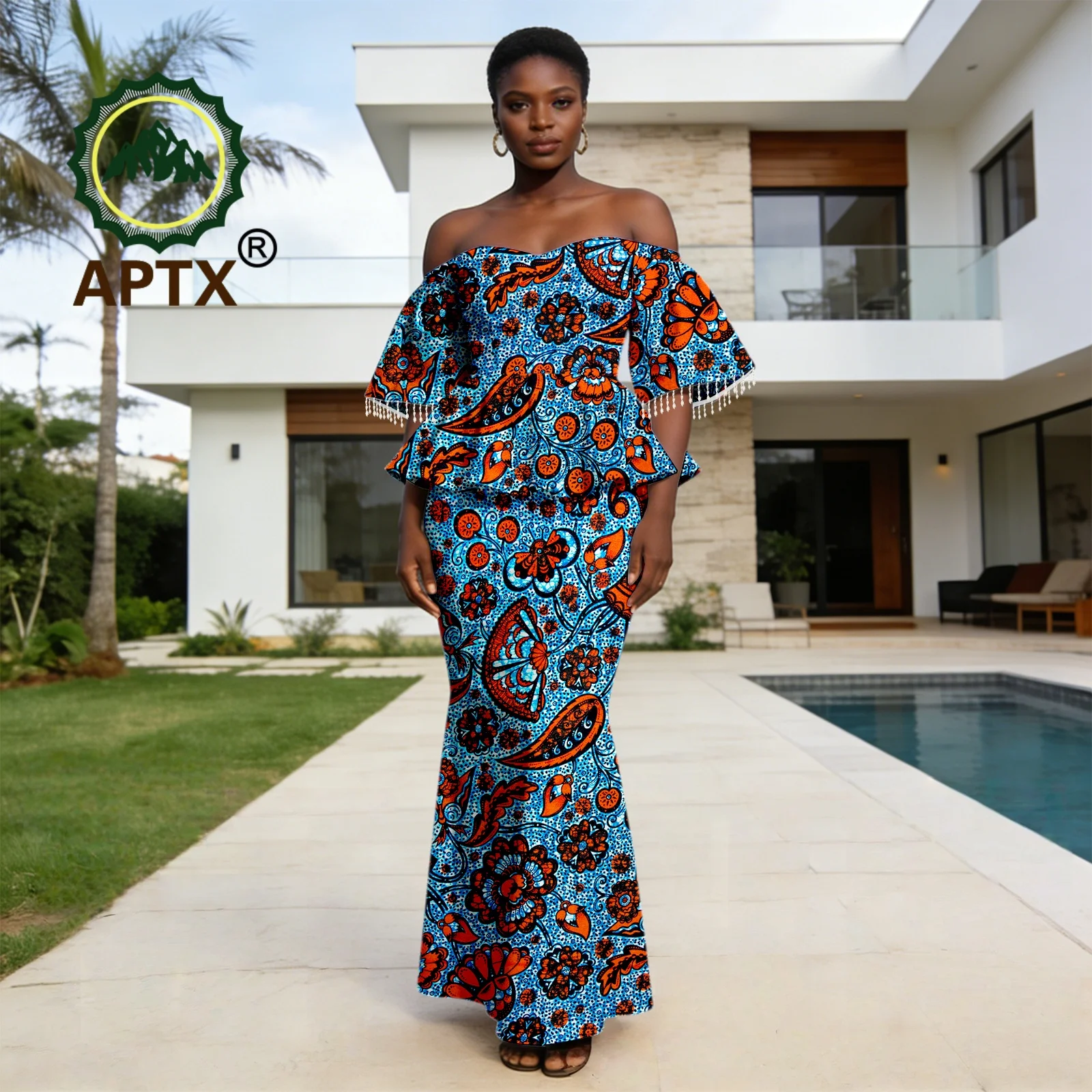 

African Women's Dashiki Strapless Sleeveless Tassel Dress Printed Floor-Length Elegant fashion Wedding Party Dress
