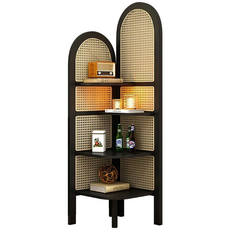 

Solid wood corner cabinet, living room,small unit, floor to floor bookshelf,retro black rattan woven triangular cabinet, movable