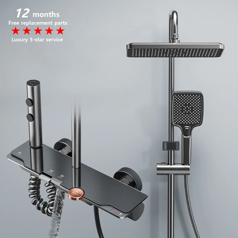 

Solid Brass High Quality Bathroom Faucet Modern Smart Bathtub Mixer Showers System Glass Gray Panel Rain Shower Faucets Full Set