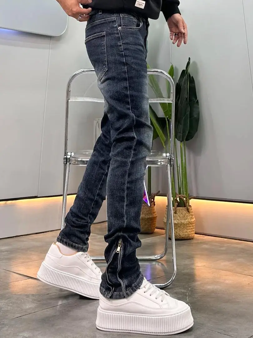 

High-End Deep Blue Men's Jeans Spring 2025 New Style Micro Flared Zipper Cuff Slim Fit Fashionable Youth Long Pants