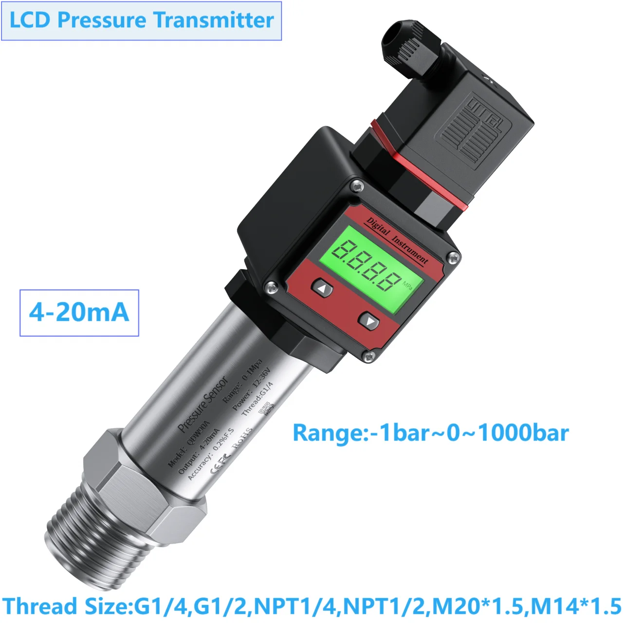 4-20mA to 800bar LCD Hersman Pressure Sensor Transmitter G1/4 G1/2 NPT1/4 LCD Pressure Sensor 500bar 200bar to 0-10V