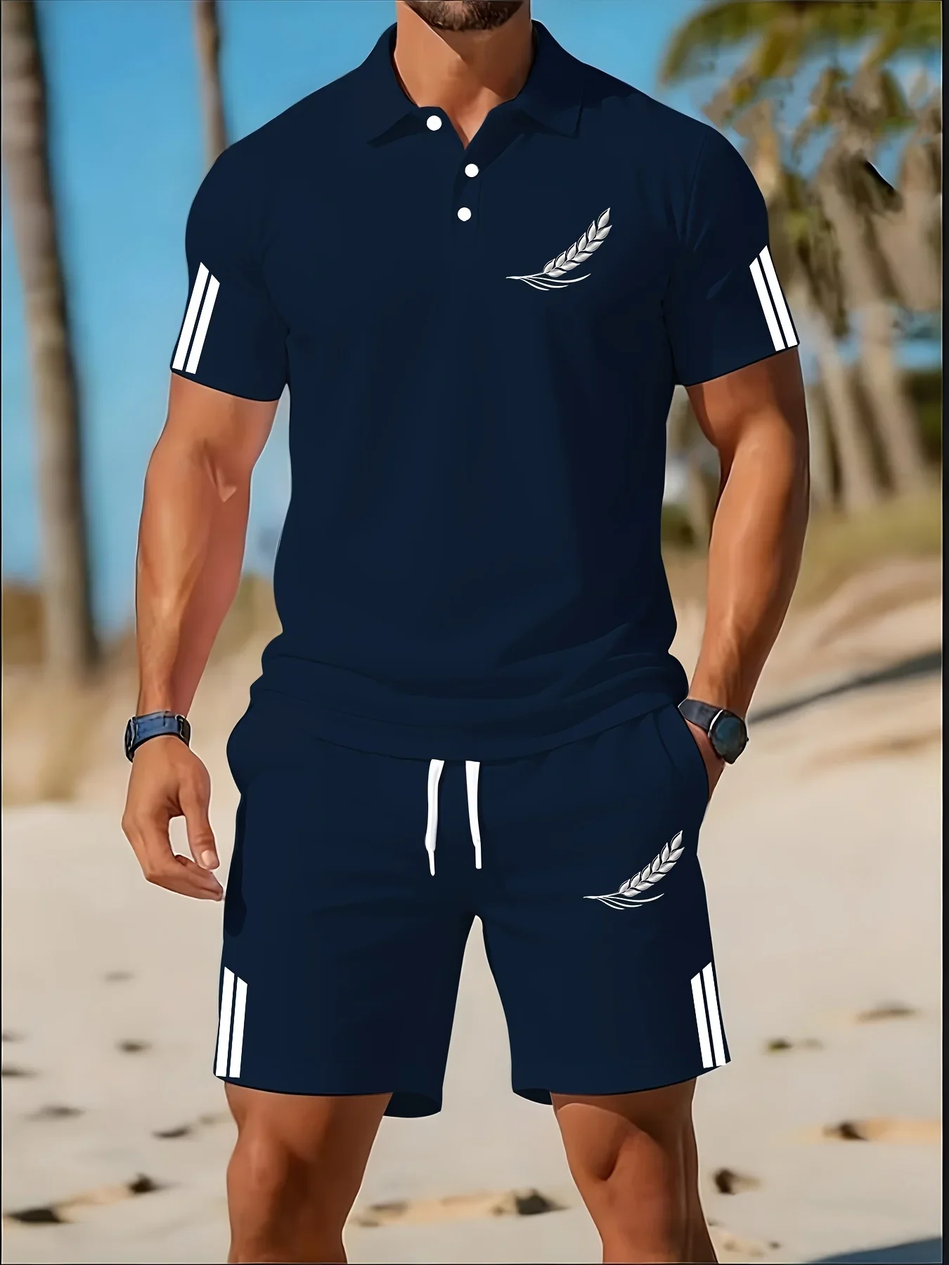 Summer new men's polo shirt set, LOS ANGELES letter print, slim fit breathable solid color short sleeved shorts set for men view 2