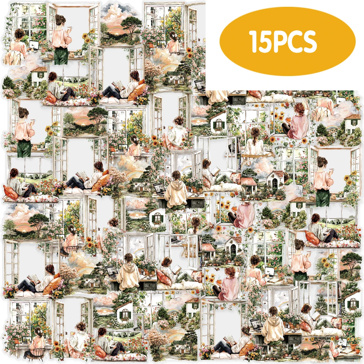 

Etori Life Window Light 15Pcs Flower House Window Scene Stickers Vintage Atmosphere Scrapbooking Material for Laptops, Phone Stickers, Luggage, Guitar, Room Decoration, Scrapbooking Supplies, Card Making, Gift Box Packaging, Student Gift Paper Bags, Back-