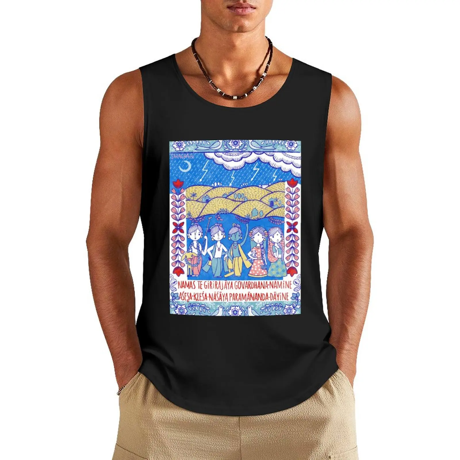 Krishna lifting Govardhana hill. Tank Top Gym T-shirts for men t-shirts man Men's sleeveless gym shirts