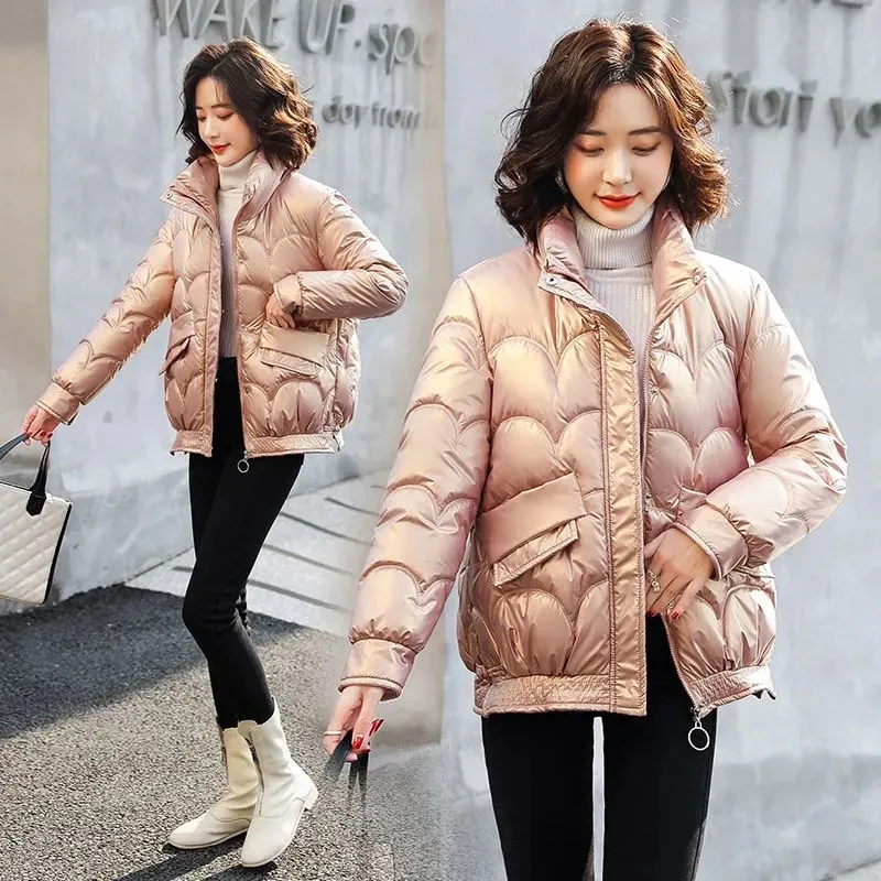 Short Shiny Jackets 2022 New Winter Women\'s Parka Stand Collar Long Sleeve Zipper Solid Thick Loose Casual Down Cotton Coats Top