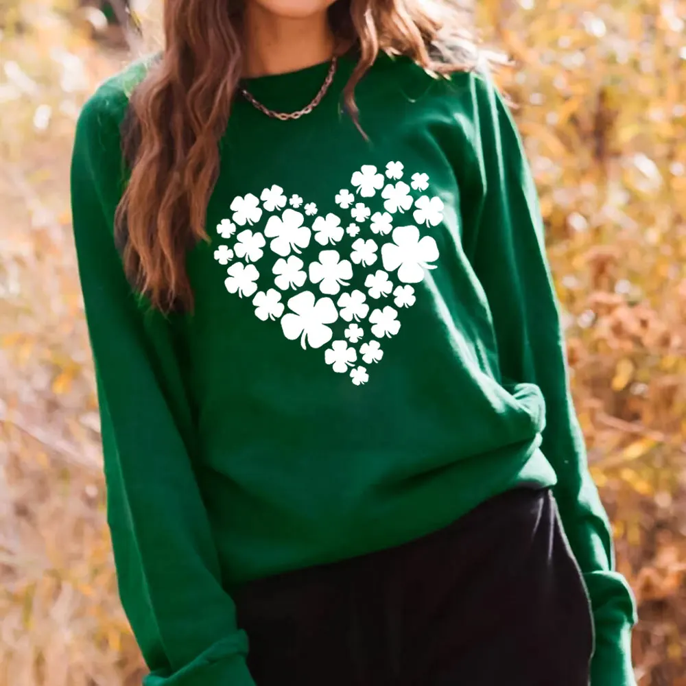 

Shamrock Heart St Patrick's Day 100%Cotton Women's Sweatshirt Funny Spring Casual Long Sleeve Top Lucky Sweatshirt Irish Top