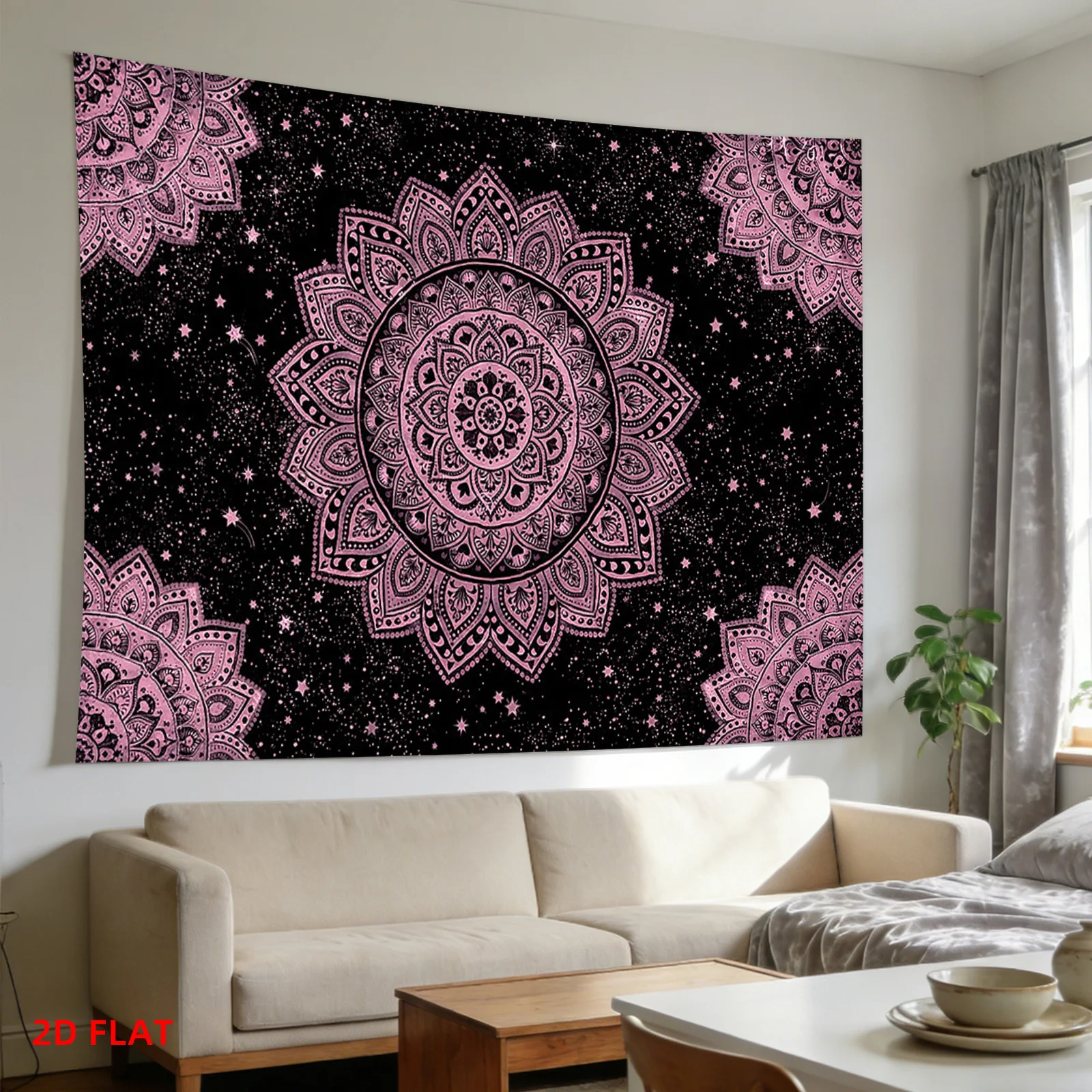 Pink Mandala Starry Night Tapestry Boho Wall Hanging for Bedroom Living Room Cosmic Spiritual Decor Dreamy Aesthetic Style