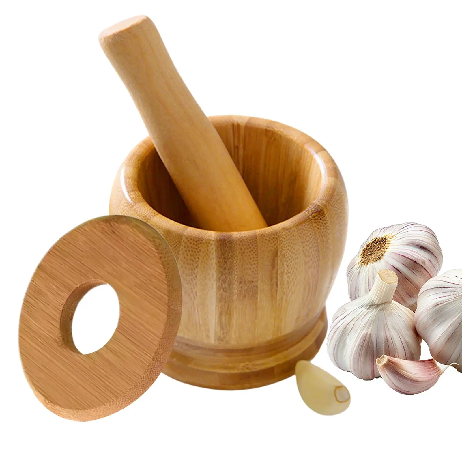 

Wooden Mortar And Pestle Set Wooden Spices Pepper Crusher Herbs Grinder Garlic Mixing Bowl Kitchen Tool