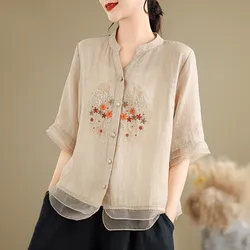 Women Summer Casual Shirt New Arrival 2024 Vintage Style V-neck Floral Embroidery Loose Female Half Sleeve Tops Shirts B3611