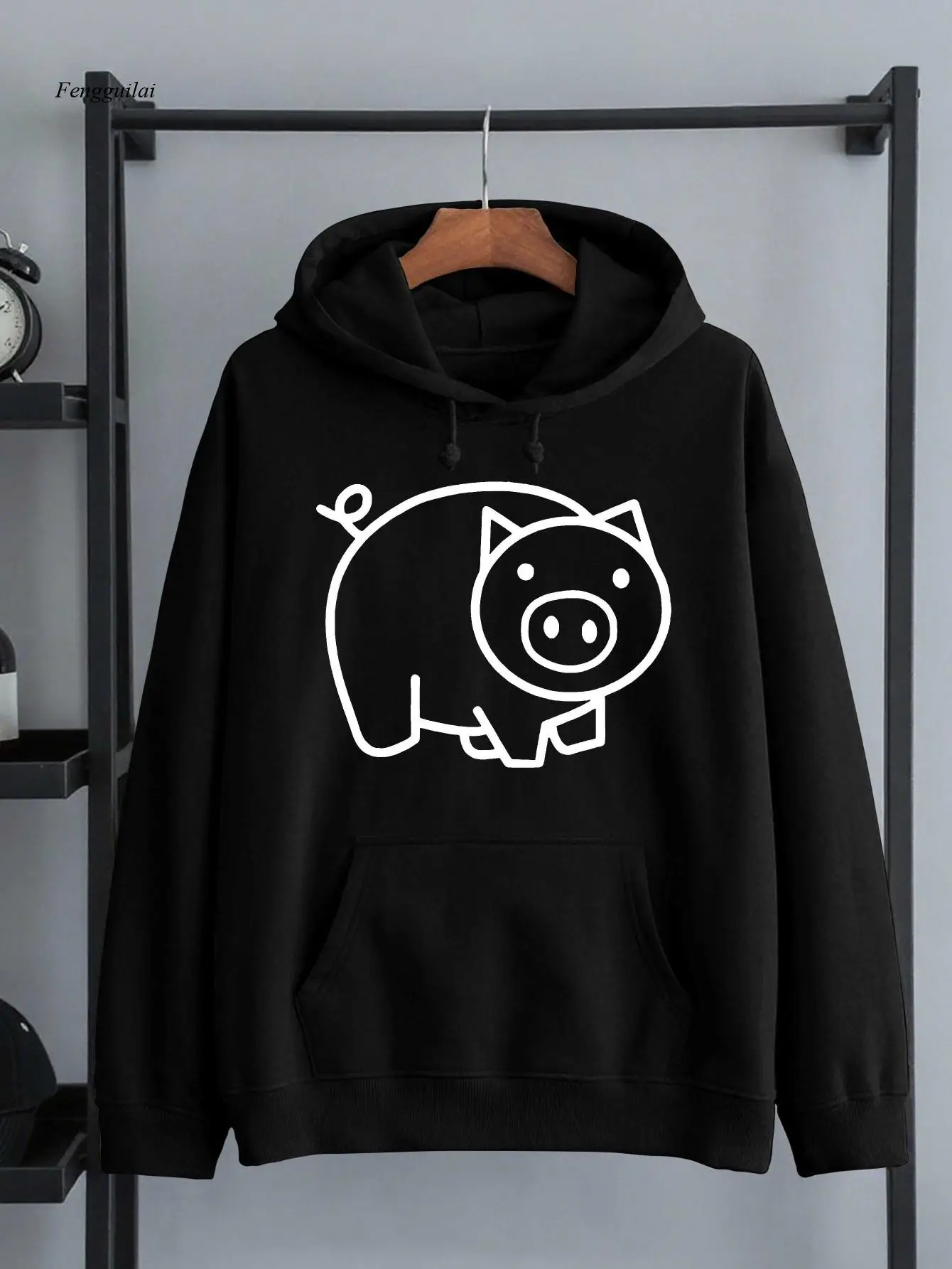 Pig New Fashionable Clothing | American Trendy Street Style Printed Autumn And Winter Velvet Warm Sweatshirt Hooded Pullover