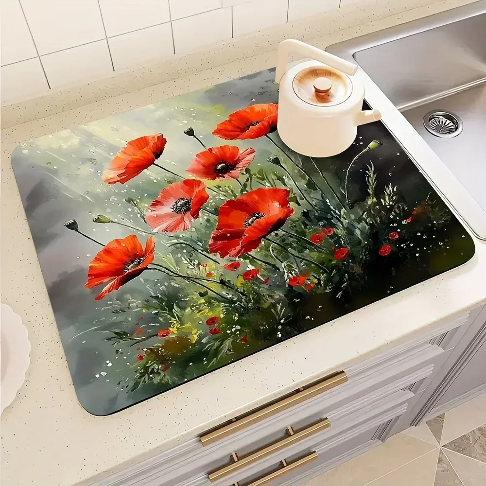 Watercolor Style Absorbent Mat Plant Flower Draining Mat Kitchen Tableware Drying Tableware Non Slip Carpet Tableware