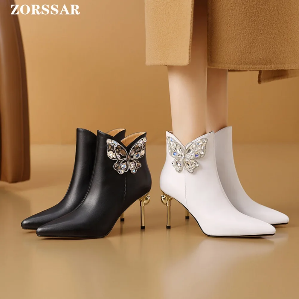 

2025 New Women's Ankle Boots Sexy Pointed Toe Woman Short Boots Fashion Crystal Ladies Thin High Heel Boots Solid Color Stiletto