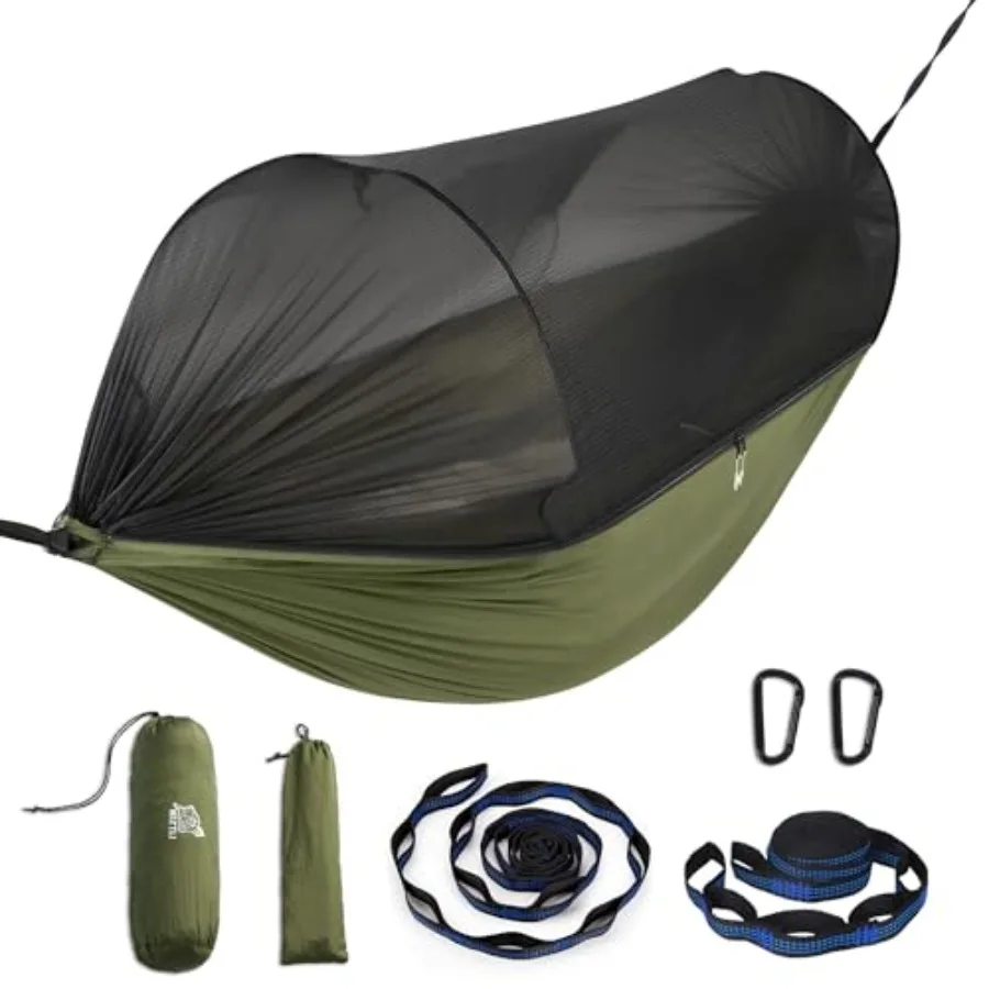 

Camping Hammock - Portable Nylon Hammock in Olive Green with Spacious Mosquito Net Adjustable Tree Straps for Outdoor, Indoor,