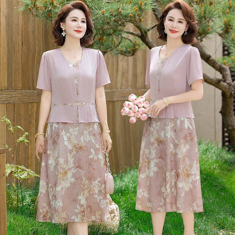 الصيف قصيرة الأكمام عادية فستان بفتحة عنق على شكل v موضة Bodycon فستان الحفلة الراقصة المرأة المرقعة الأزهار وهمية قطعتين فستان ميدي