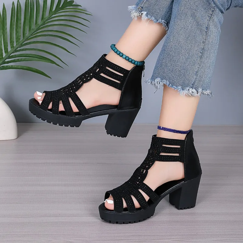 Sandal Block Heel 2026 New Roman Rhinestone Fish Mouth Mid-heel Women Soft Sole Open Toe Middle-aged Cool Boots