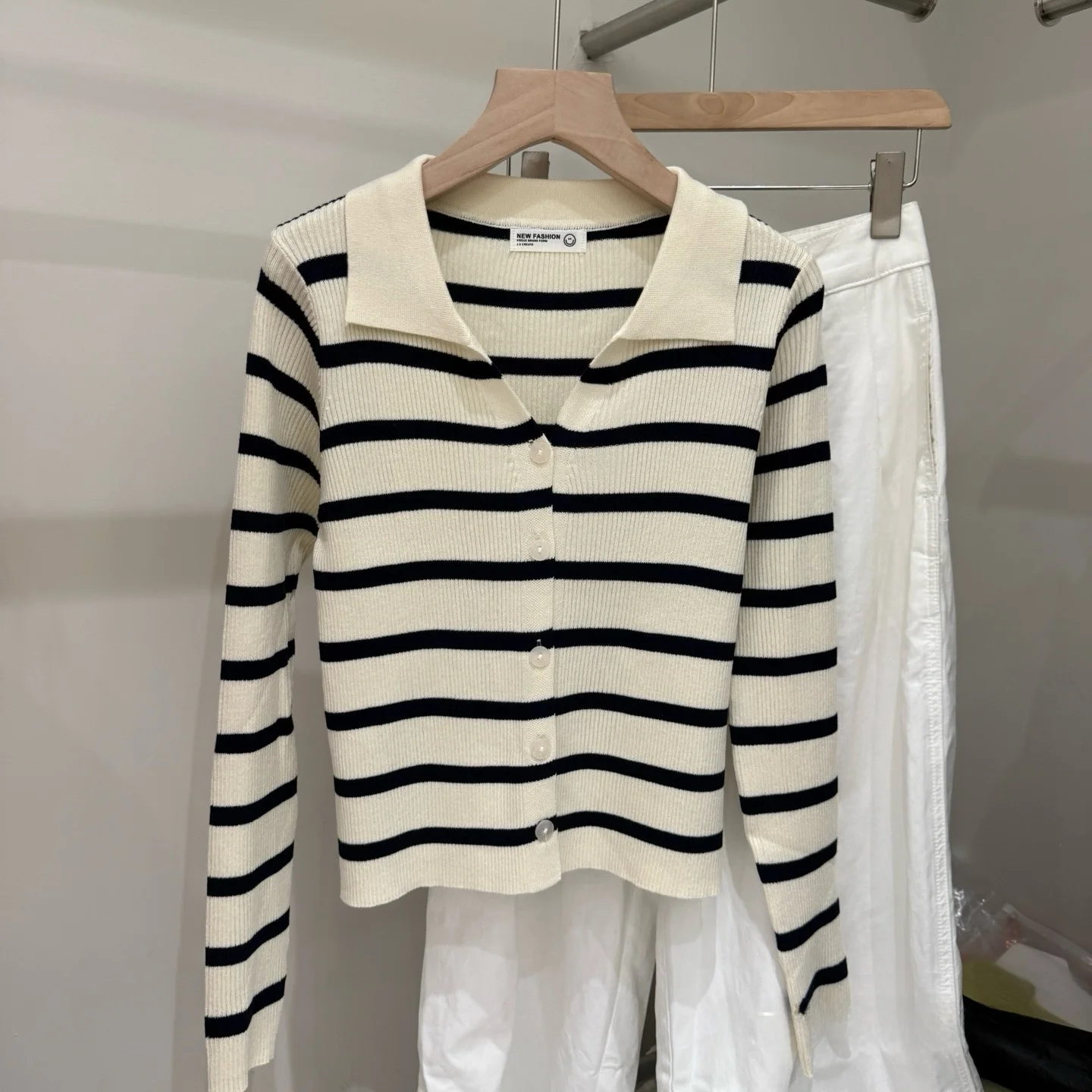 Korean Style Striped Collar Knitted Open Cardigan Women's Fashionable Versatile Sweater Jacket Long Sleeve V-Neck Regular Fit