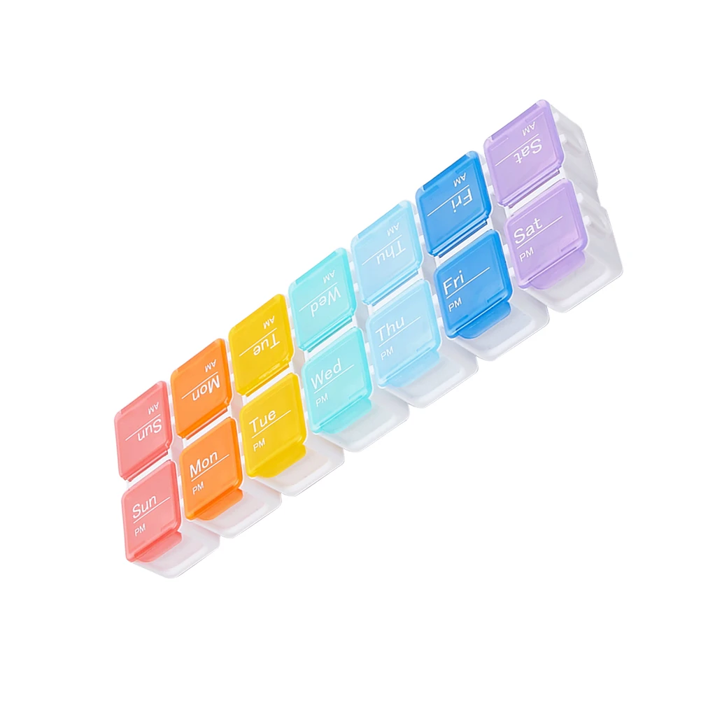 

14-Grid 2-Row Large Capacity Medicine Organizer Case Weekly Tablet Dispenser Rainbow-Colored See-Through Lids Portable Storage