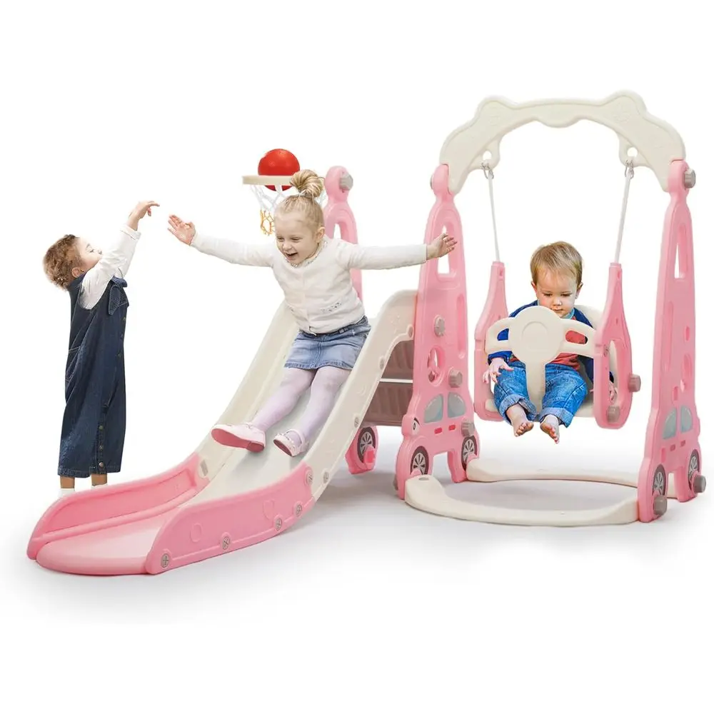 

Pink Toddler 4-in-1 Slide Climber with Swing, Basketball Hoop, Indoor/Outdoor Playset, Easy Assembly