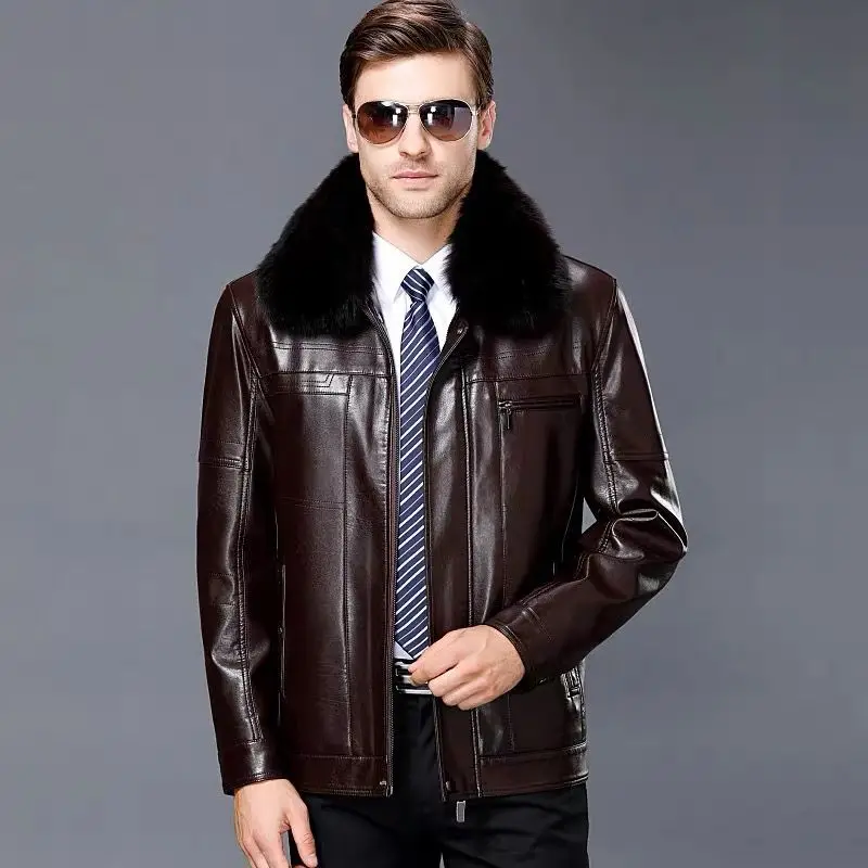 Natural Leather Jacket For Men With Fur Collar Add Velvet Thick Short Lapel Brown Genuine Leather Mens Jacket Sheepskin Coat Man