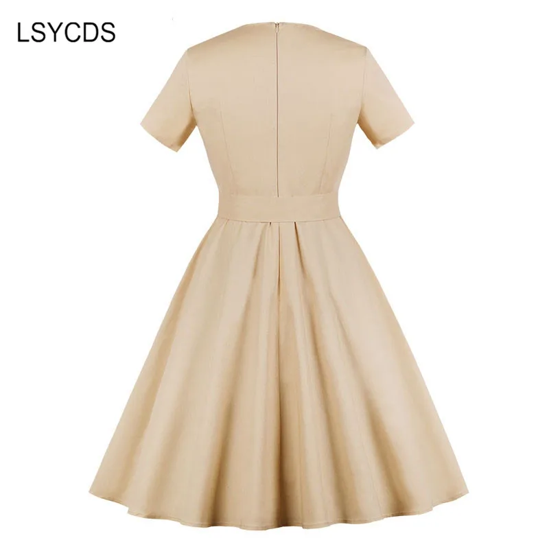 LSYCDS Hepburn Style Retro Dresses Short Sleeve Robe Gown Big Swing Casual Party Rockabilly 50s 60s Vintage Women Dress