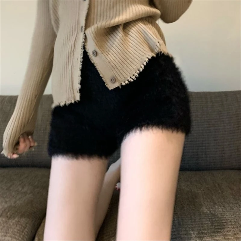 Soft Knit Plush Shorts for Women Versatile Solid Color High Waist Short Pant Easy to Pair