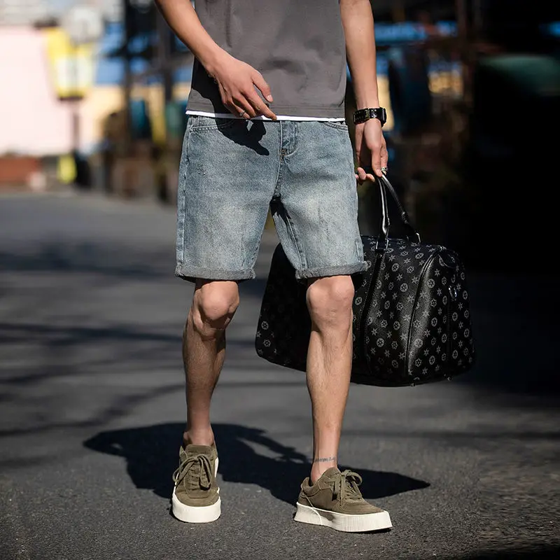 

Men's Denim orts Casual Thin Summer High Street Sle Loose Fit Five-Quarter Pants Straight Leg Cotton Blend Teen Faion