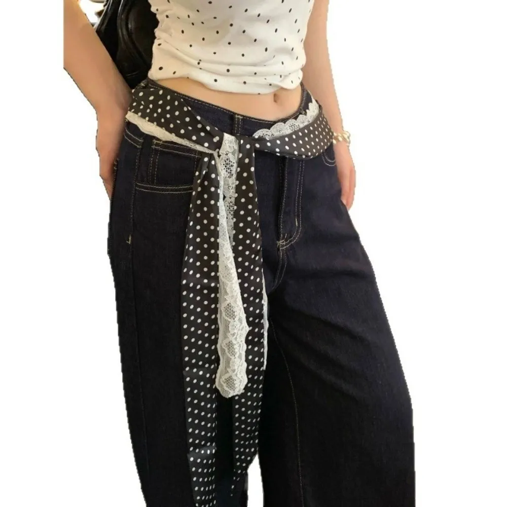 Retro Polka Dot Pattern Waist Belt Lace Trim Adjustable Tie Sash Belt Decorative Design Waistband Accessory For Women