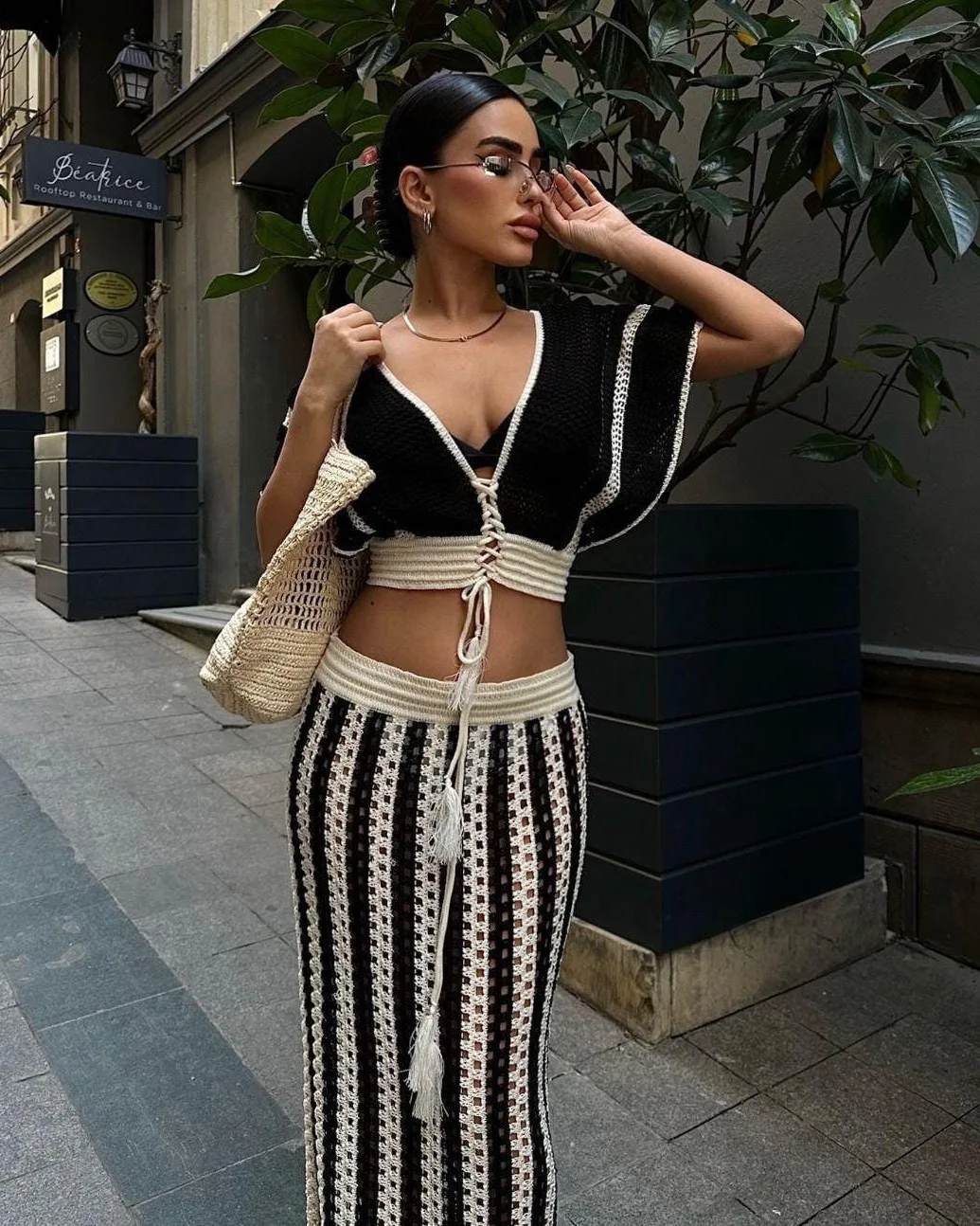 2024 New Summer Vacation Outfits Striped Knitted Dress Sets Hollow Out Long Skirts With V-Neck Short Sleeve Crop Tops for Women