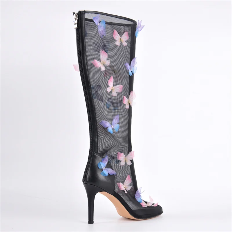 Onlymaker Women  Pointed Toe Butterfly Air Mesh  The Knee High Boots Zipper Sexy Sweet Thin High Heel Wedding Boots