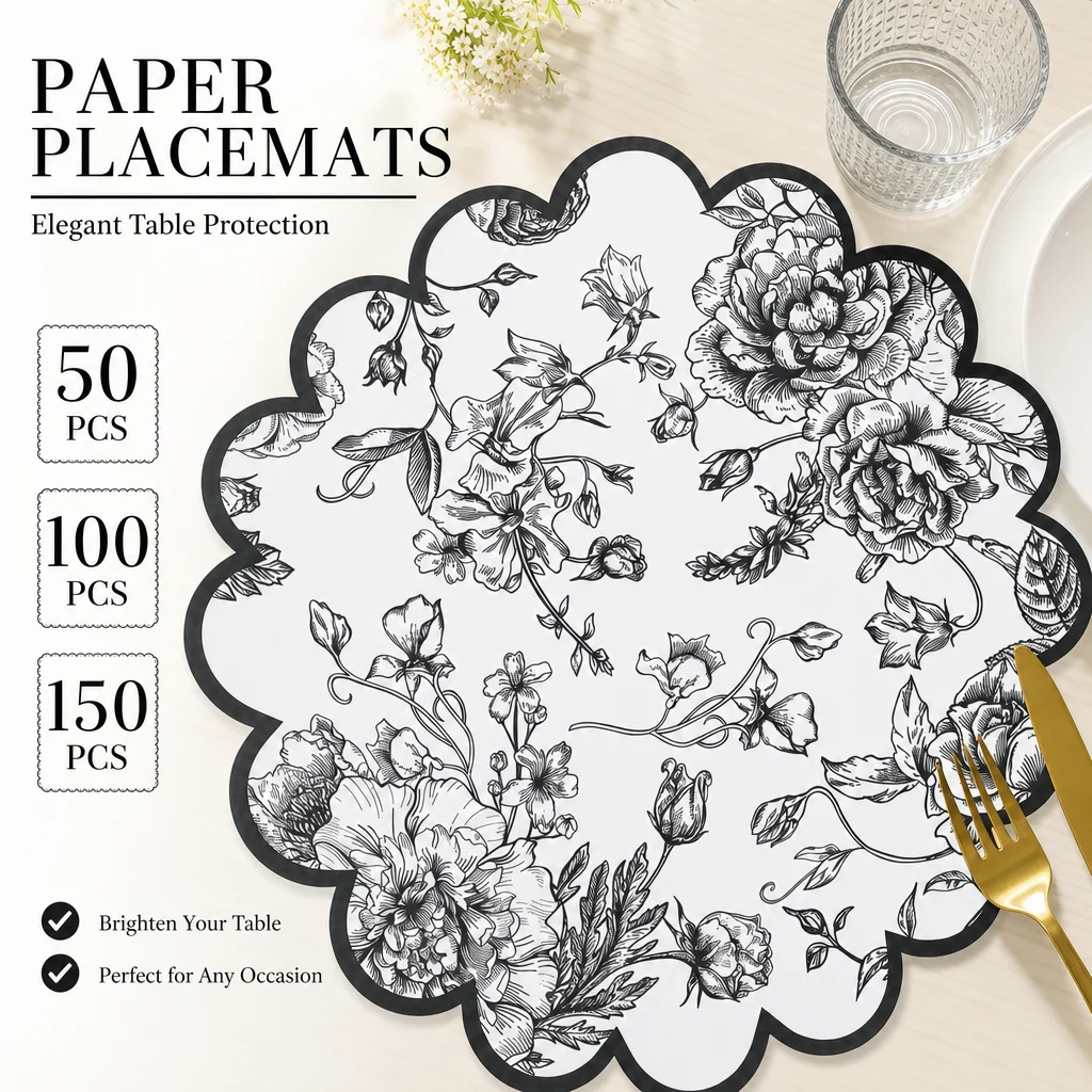 50/100/150PCS black flower paper disposable placemats are suitable for birthday, wedding and bridal shower party decoration.