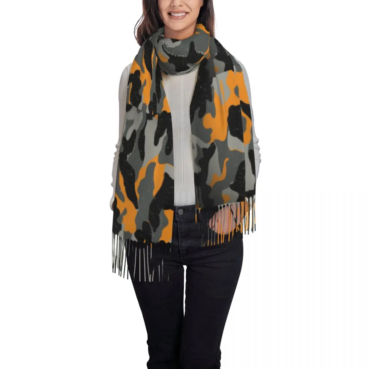Tiger Stripe Camouflage Black Camouflage Military Camo Tassel Scarf Women Soft Shawl Wrap Female Winter Fall Scarves
