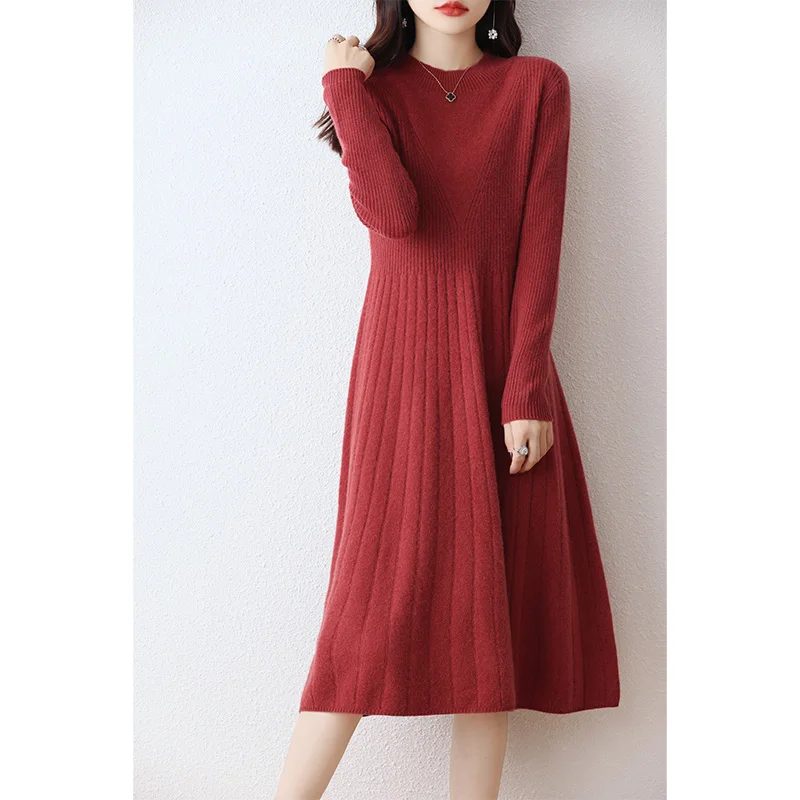 100% pure wool vestido feminino Hot Sale 2023 Winter New Fashion Cashmere Dresses Female O-neck  Wool Clothing DR01