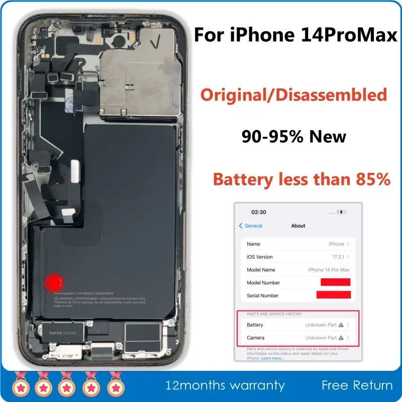 Original Disassembled Middle Frame Housing Back Cover for iPhone 14 Pro Max, Battery Rear Camera, NFC Wireless Assembly, 92% New