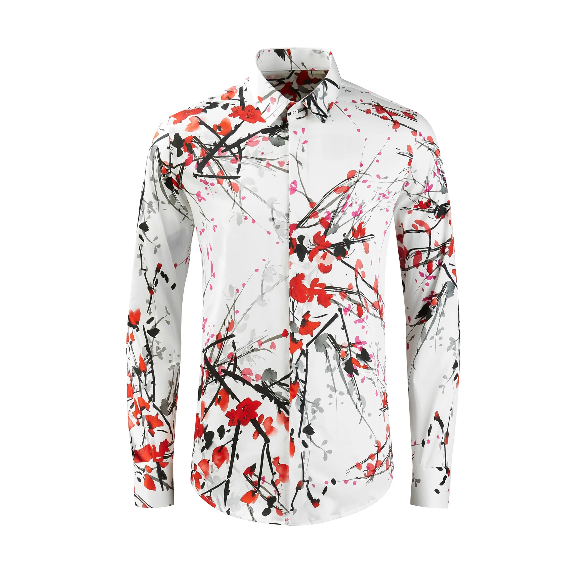 Freehand plum blossom digital printing elastic cotton men's slim fit Chinese style men's clothing one-piece hair replacement