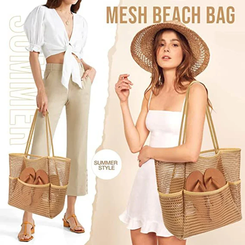 Bolsa de praia multi bolsos para toalhas, malha, durável bolsa de viagem, brinquedos organizador, impermeável, roupa interior, armazenamento de natação, verão