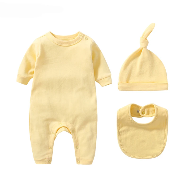 Newborn Infant Boys Clothing 100% Cotton Solid Color Long Sleeve Jumpsuit Bib Cap Three-Piece Set 0-12 Months Baby Girls Suit