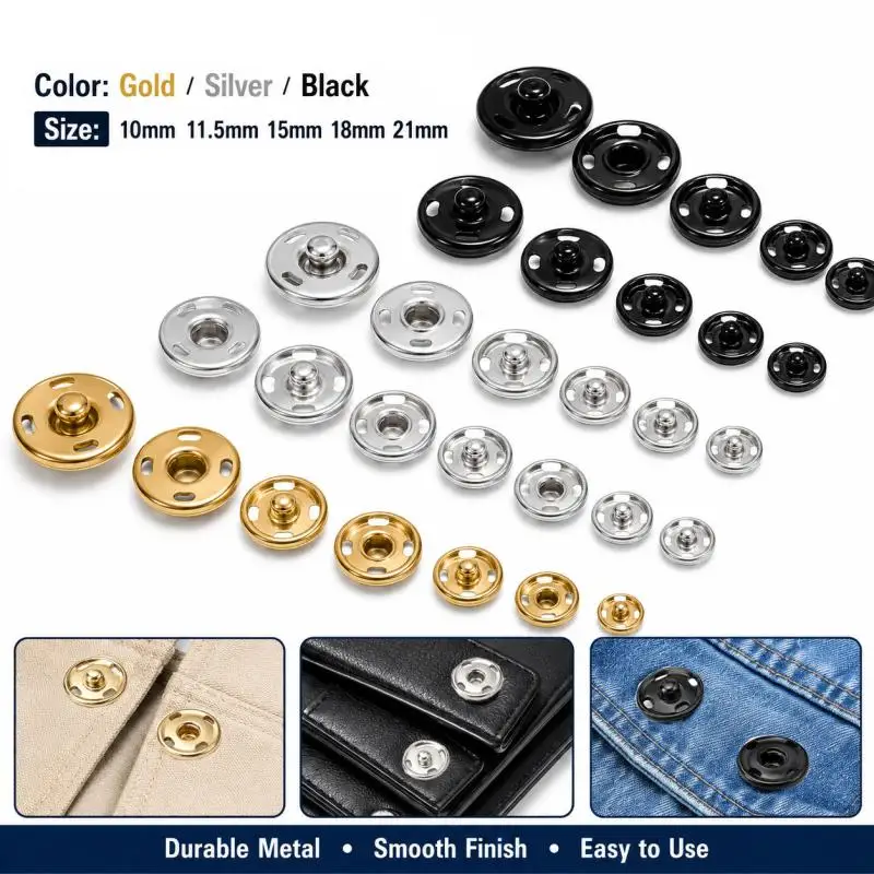 10~100Set10-21mm Metal Sew-on Snap Buttons Black Silver Color DIY Sewing Clothing Snap Fastener Buttons Craft Press Studs Button