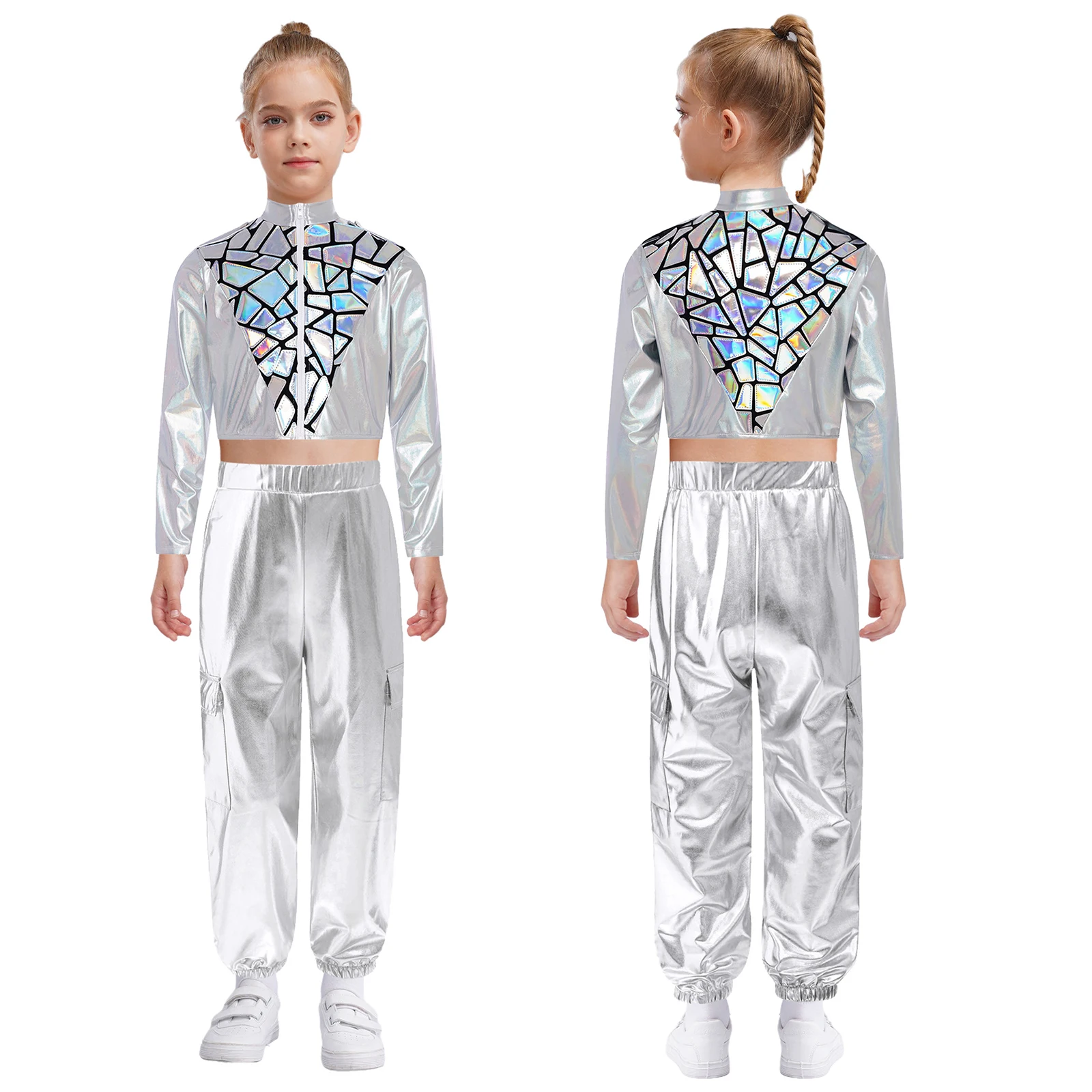 Kinder Jungen Mädchen Hip-Hop Jazz Dance Outfit Funkelnde Pailletten Metallic Stehkragen Langarm Reißverschluss Kurze Jacke + Cargohose
