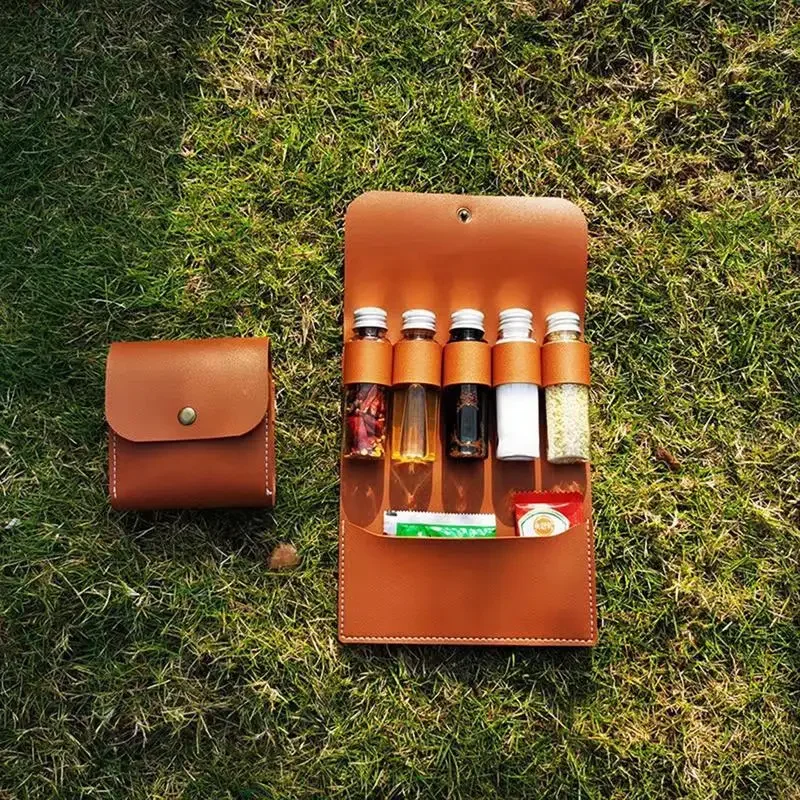 Juego de botellas de especias para exteriores, portátil, plegable, de cuero, impermeable, de gran capacidad, para acampar, senderismo, Bushcrafts, Picnic, barbacoa, bolsa de condimentos